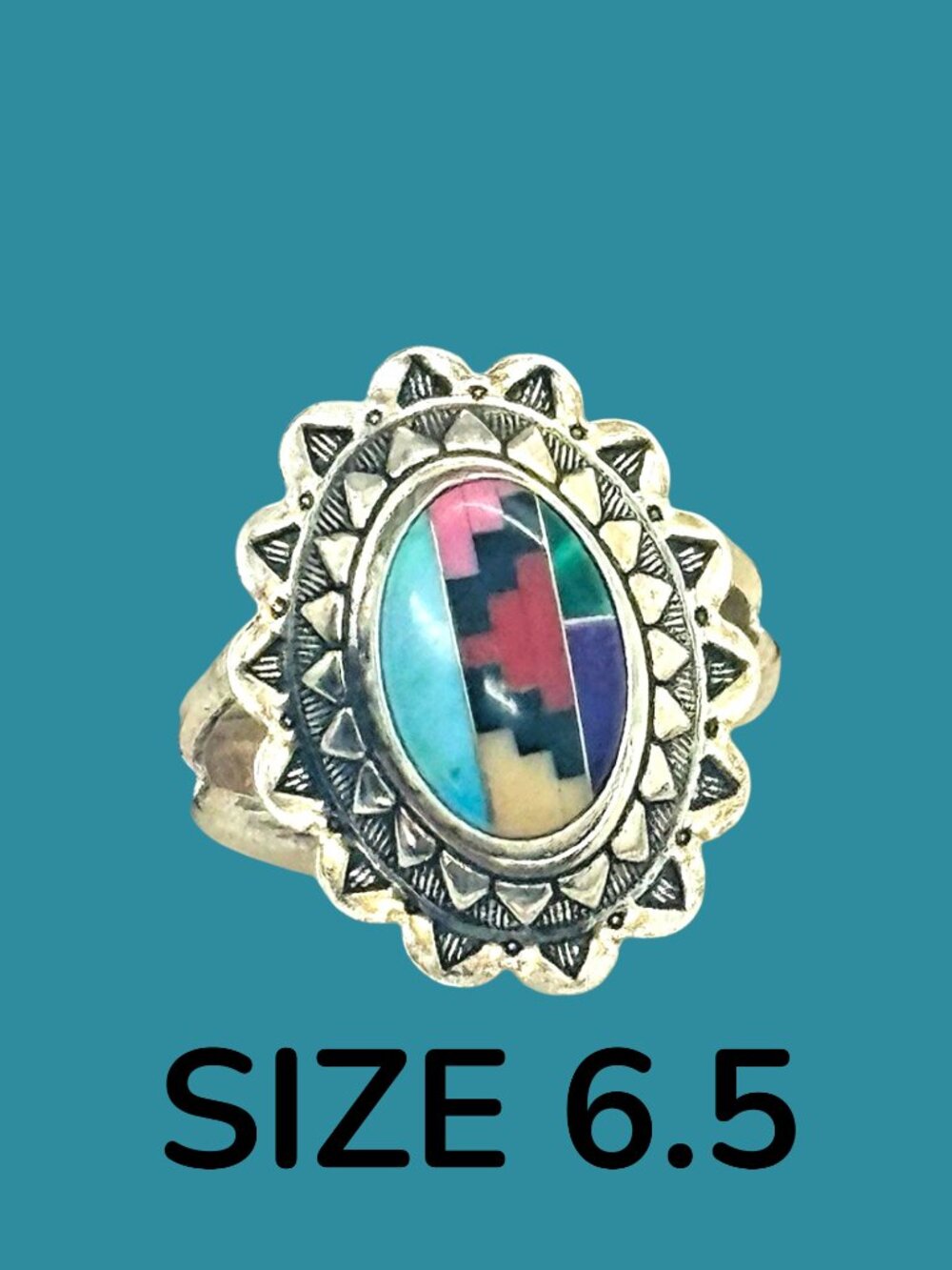 VTG Zuni Inlay Oval Shape Sterling Size 6.5 Ring Mosaic multicolor Gemstones Q.T